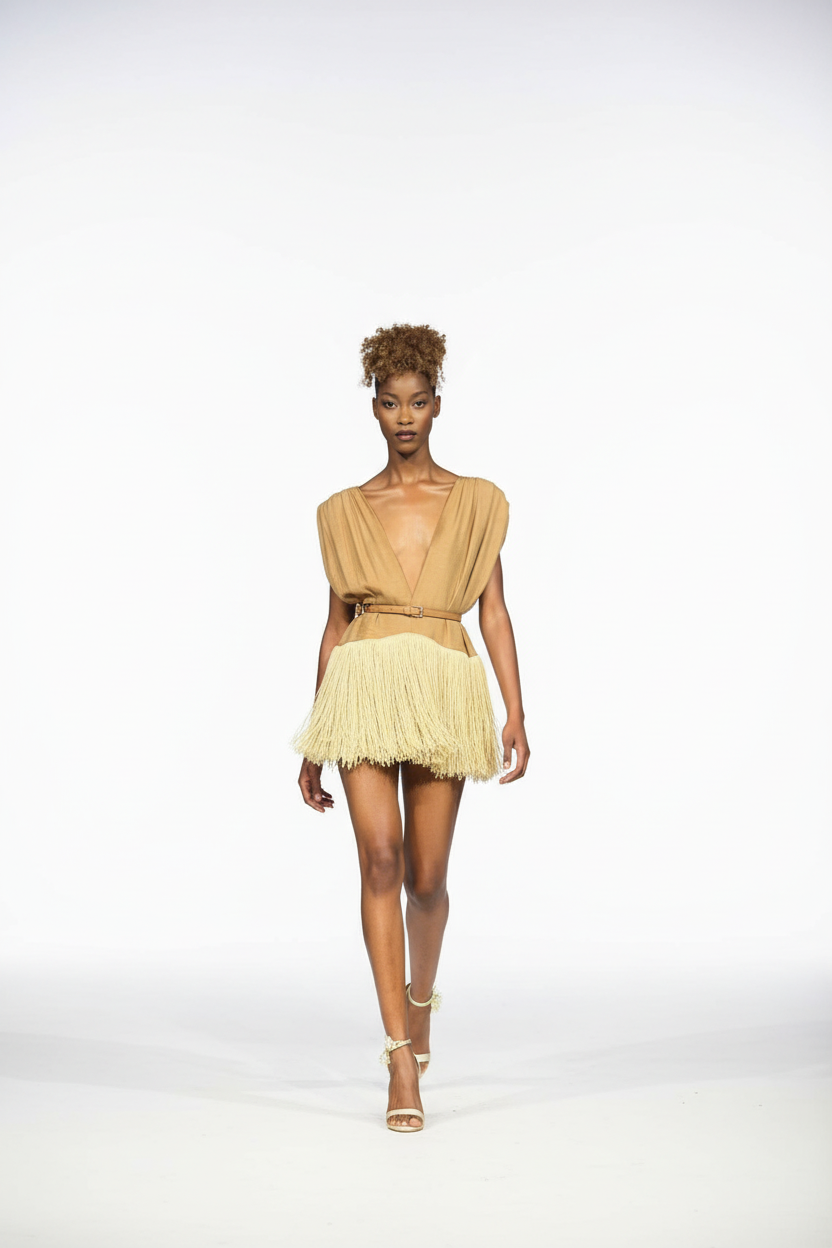 Wool Fringe Draped Mini Dress